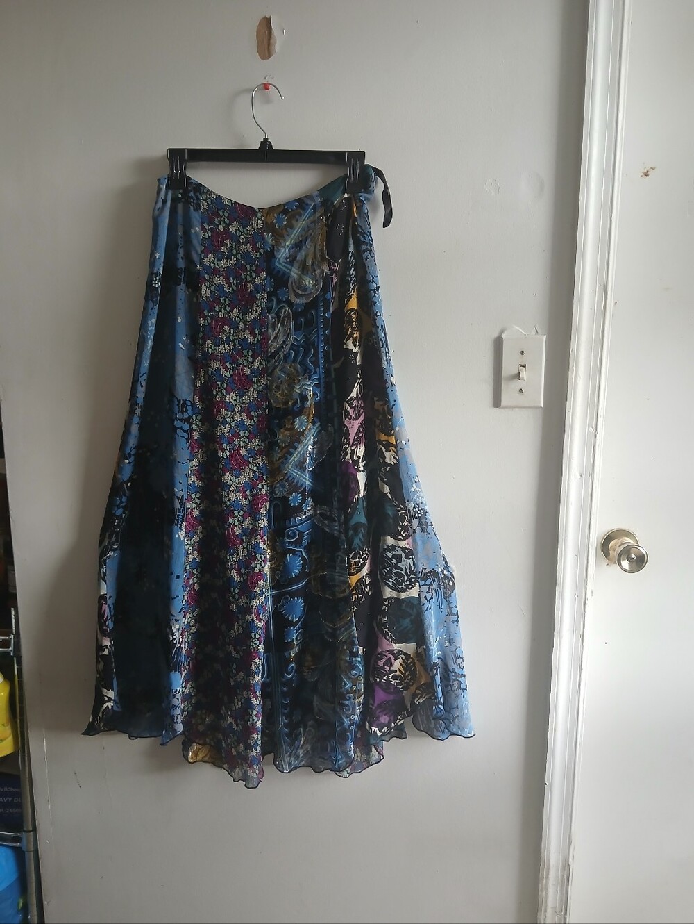 Anna Sui Blue Floral Patchwork Maxi Skirt with Purple & Black Accents